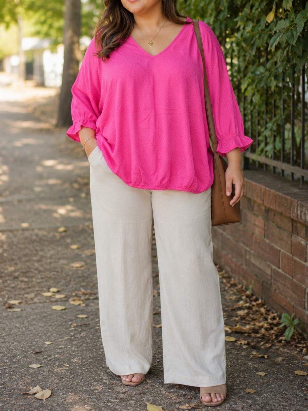 NWT Kaffe Curve Plus Size Hot Pink Textured V-Neck 3/4 Sleeve Blouse Top Relaxed